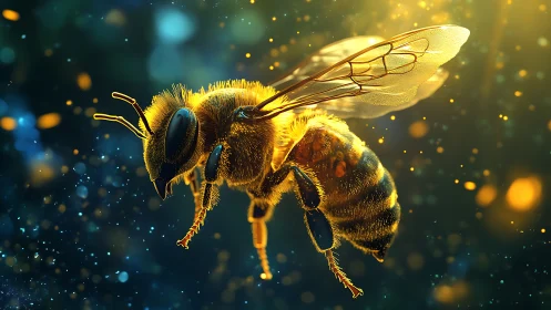 Macro-rendered honeybee in flight under volumetric backlighting