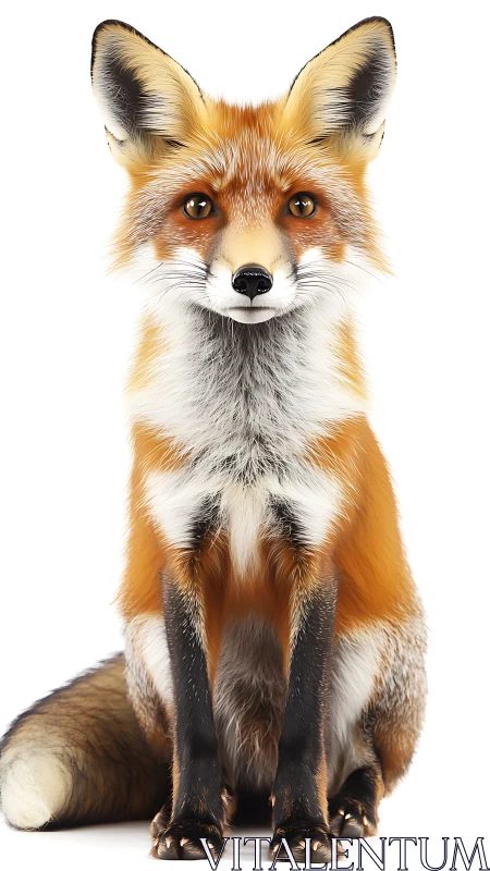 Curious red fox sits alertly against clean white studio