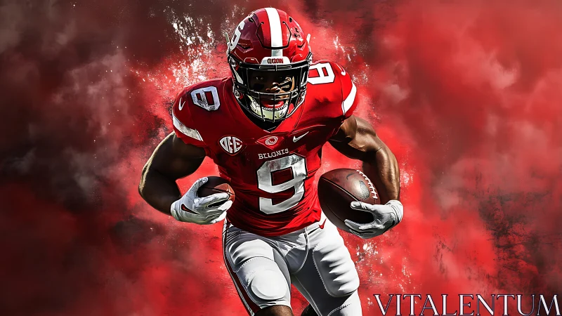 Dynamic red football runner in stylized explosive backdrop.