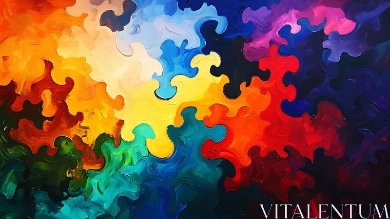 Vibrant abstract jigsaw shapes in bold swirling colors.
