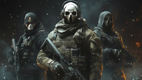 Masked tactical squad advances through burning battlefield mist