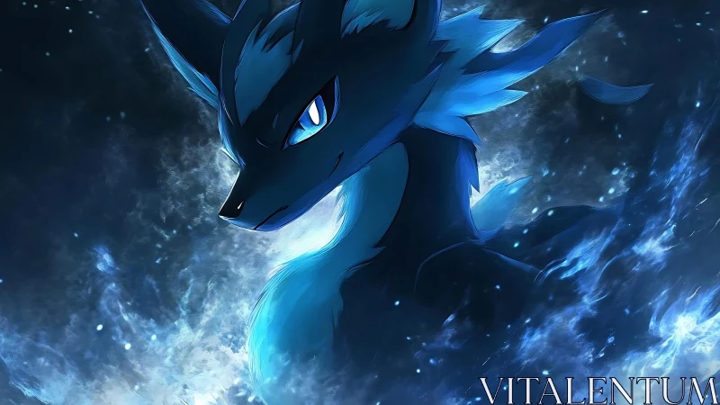 Mystical blue fox spirit gazing through swirling starlight.