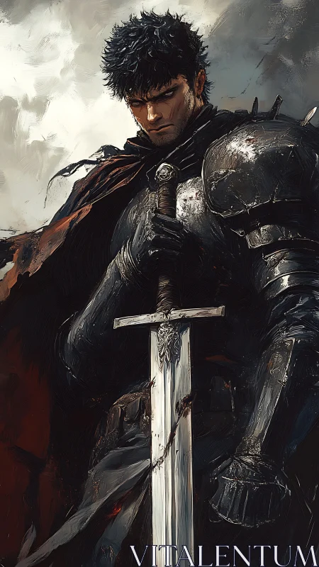 Armored swordsman standing with greatsword in stormy light.