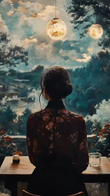 Solitary observer under twin lunar pendants in painted dusk.