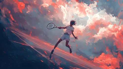 Dynamic tennis player leaping through painterly sunset sky.