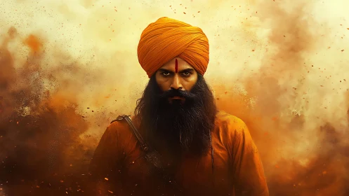 Bearded turbaned warrior in orange amid swirling dust.