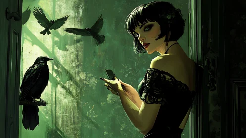 Gothic woman texts beside ravens in emerald backlit room