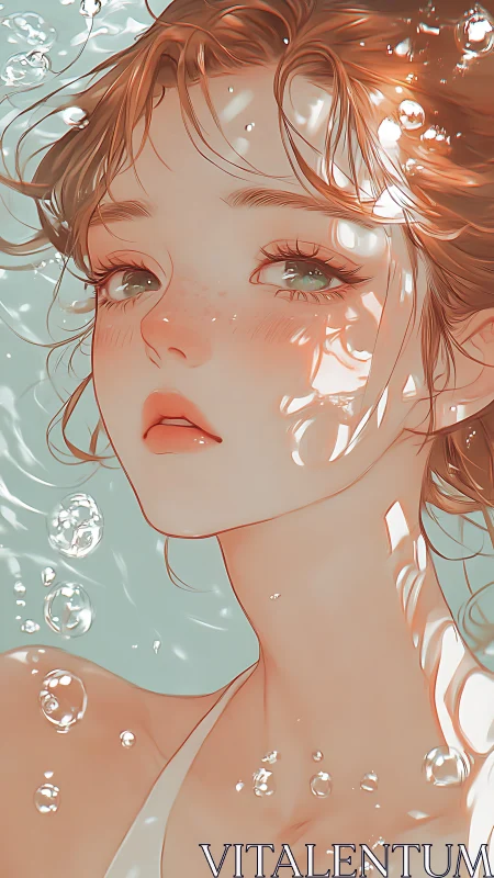 Dreamy anime girl floats underwater in dappled sunlight