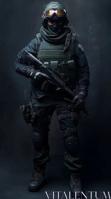 Tactical operator portrait in full black kit with shotgun