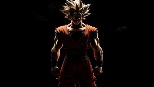 Muscular anime fighter stands in dramatic low key lighting