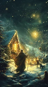 Digital painting of winter nativity procession at lit cottage.