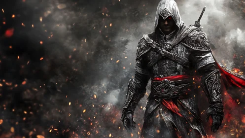 Armored hooded rogue in embers and smoke, red accented gear