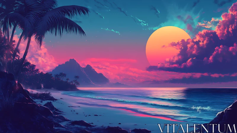 Neon tropical shoreline glows beneath oversized pastel sun