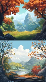 Autumn valley landscapes frame distant sunlit mountains.