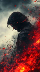 Armored warrior profile dissolves into dynamic eruptive lava field