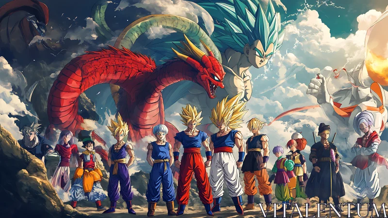Multiple anime warriors stand before large dragons in clouds