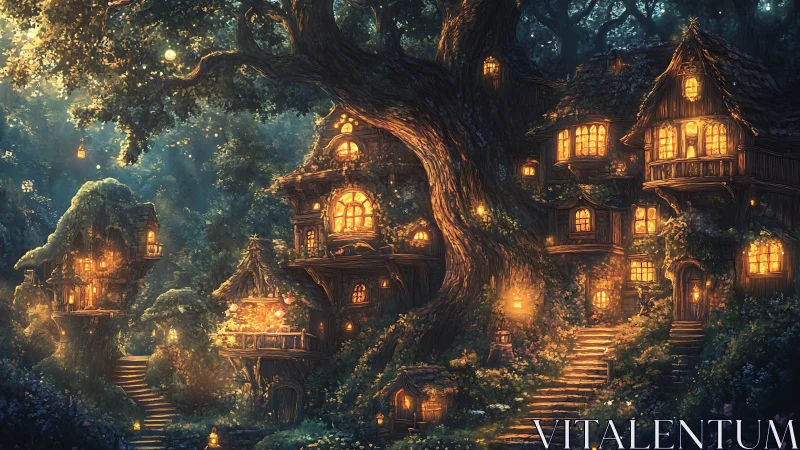Nighttime forest treehouse village with warm interior lights.