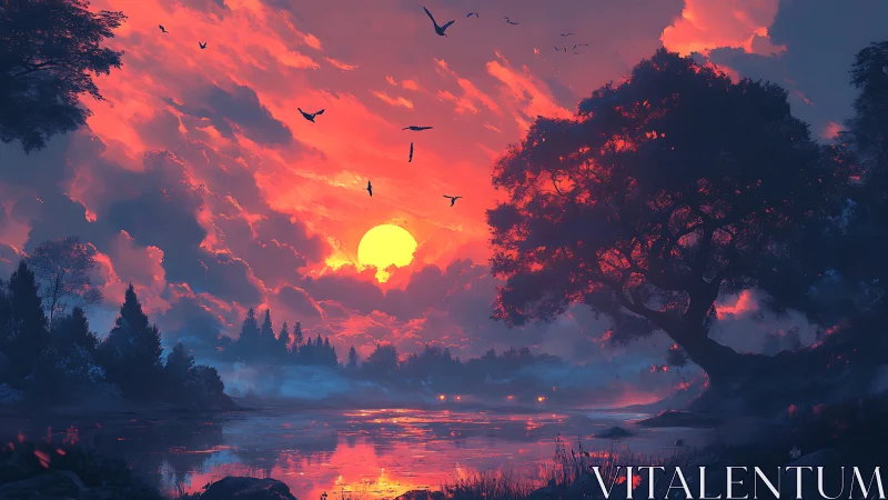 Digital landscape shows silhouetted tree and lake at sunset