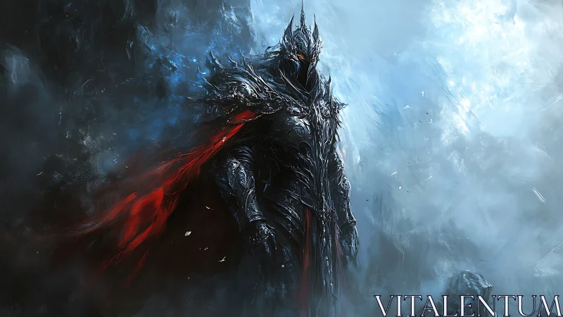 Armored dark knight in icy environment with red accents.