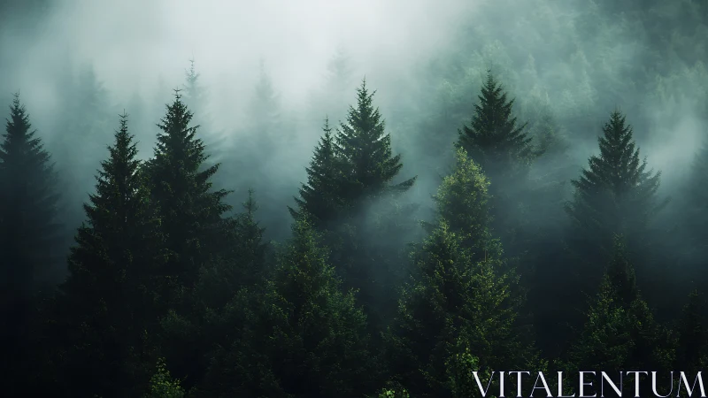 Coniferous forest densely layered in thick mist and fog