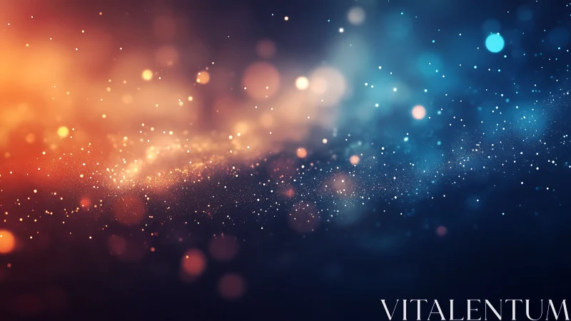 Bokeh particle field spans warm orange to cool blue gradient