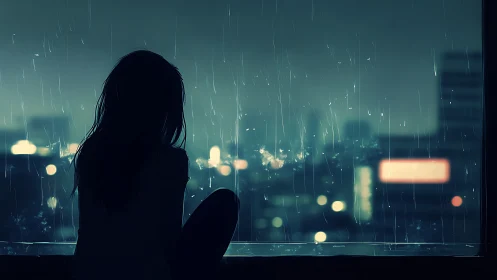 Girl silhouette watching rainy city lights at night.