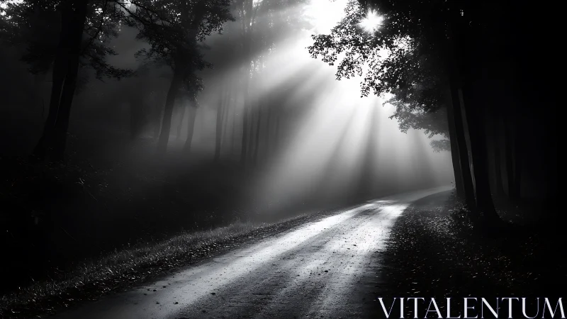 Sunbeams carve a silver path through the brooding forest mist