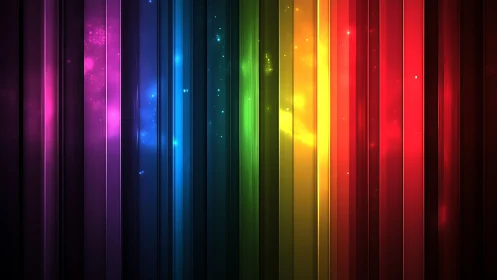 Radiant vertical rainbow beams glow with cosmic sparkles.