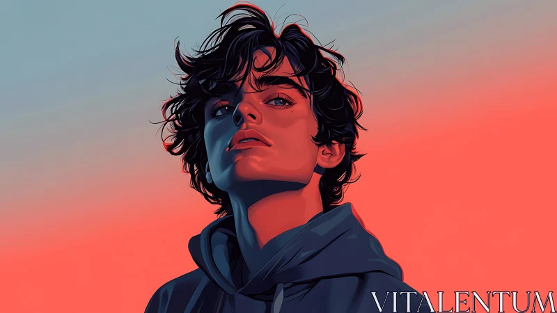 Brooding youth gazes upward in bold neon twilight glow
