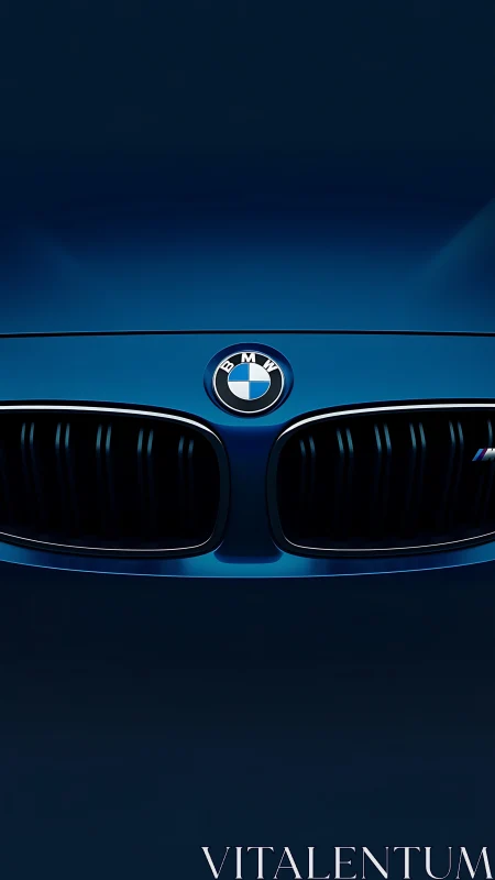 BMW kidney grille close-up on deep blue sports hood.