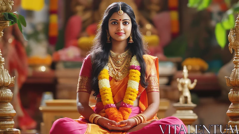 Elegant woman in traditional saree at temple ceremony, vibrant style.