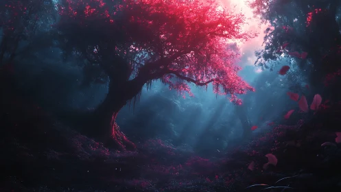 Bioluminescent Forest Canopy: Neon Flora in Mystical Woodland.