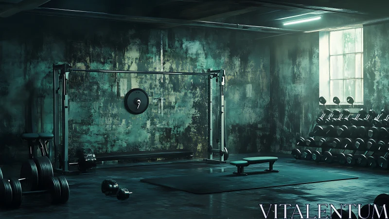 Industrial weight room under moody cyan-limed luminance.