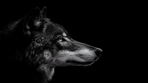 Wolf profile portrait isolates silver fur against black void