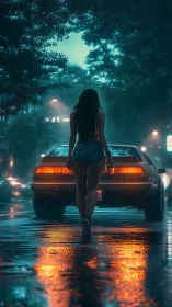 Neon rainwalk with retro car and midnight reflections.