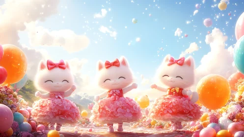 Three Cute Kittens in Pink Dresses Among Colorful Bubbles