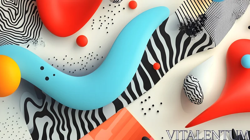 3D abstract shapes curve over bold zebra stripe patterns