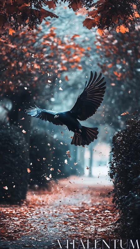Black raven in dynamic flight through a bokeh-lit autumn corridor