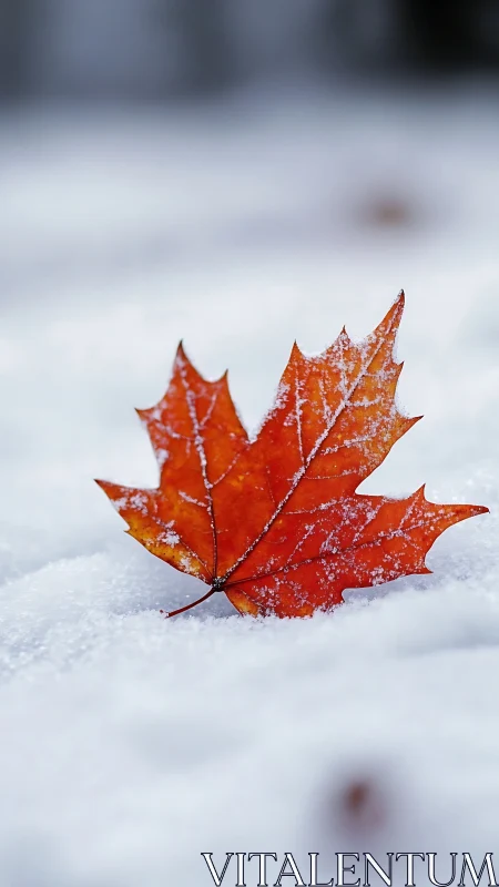 Red maple leaf resting on fresh white winter snow.