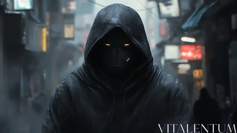 Cyberpunk hooded sentinel in neon fog urban corridor composition.