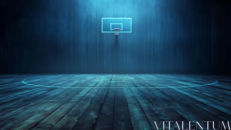 Cinematic basketball court rendered in moody blue arena light