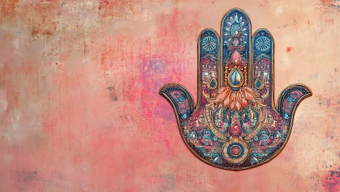 Ornate hamsa hand on textured pink painted background.