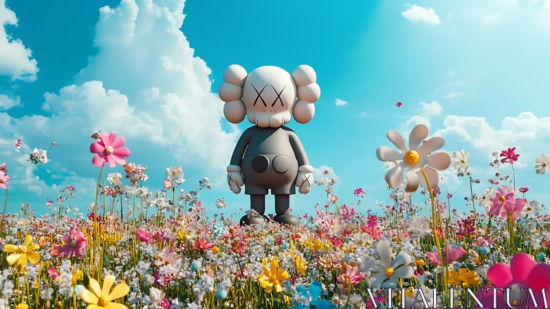 Toy figure in surreal flower field under bright sky.