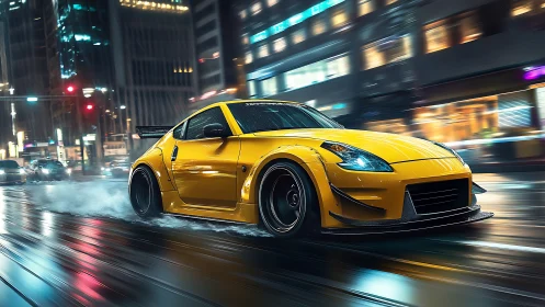 Photorealistic yellow tuner car on wet neon urban avenue at speed.