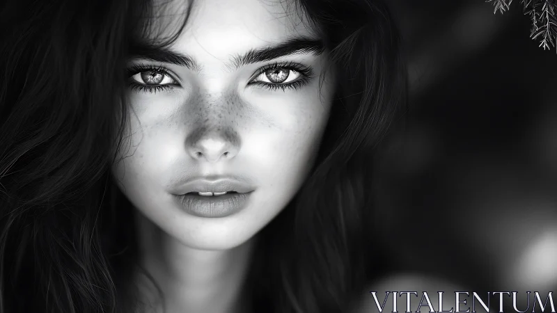 Monochrome close-up portrait isolates symmetrical facial features