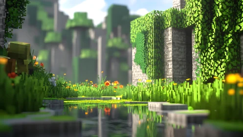 Voxel jungle ruins beside reflective stream in soft light.