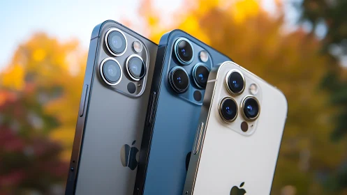 Three modern smartphones with triple camera modules outdoors.