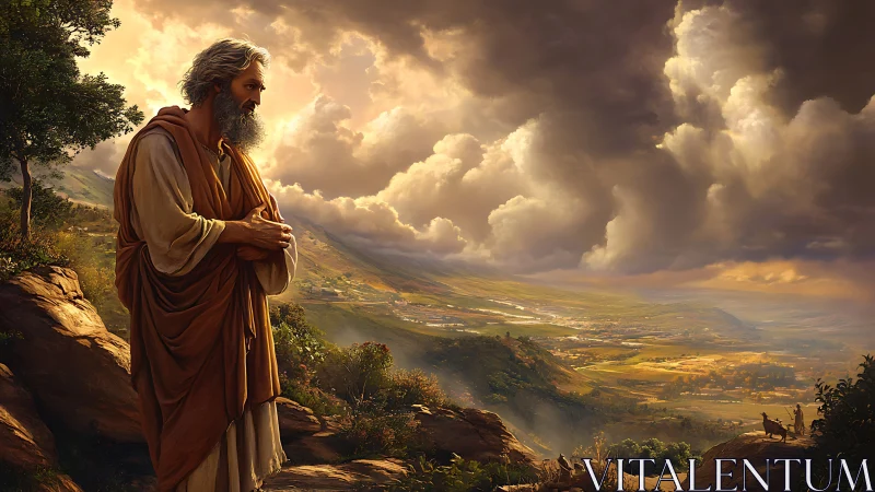 Weathered prophet gazes over storm-kissed promised valley.