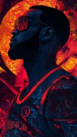 Neon-lit athlete profile against molten solar backdrop silhouette