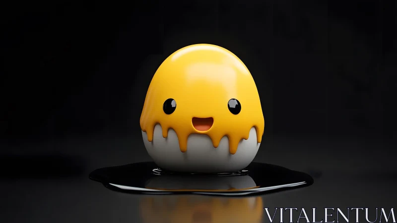 Cute 3D Smiling Character with Yellow Drip on Glossy Black Background.